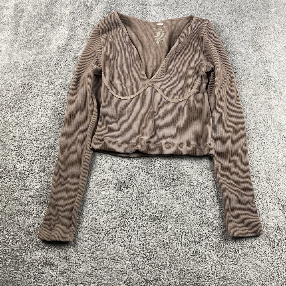 Free People Intimately Ribbed V-Neck Cropped Knit Top Womens M/L Brown